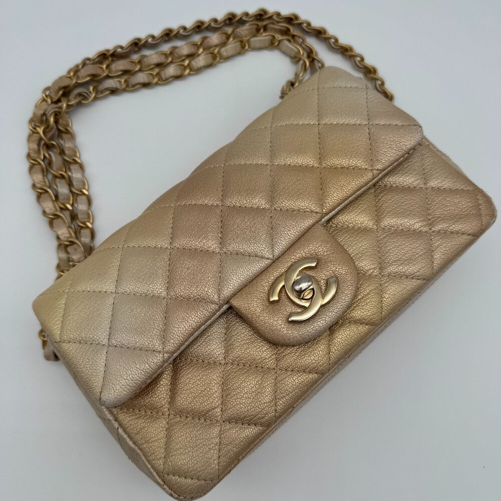 CHANEL Classic Mini Rectangle Iridescent Goatskin Glitter Beige Gold Bag